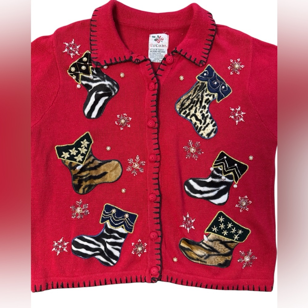 Vintage Nutcracker Christmas Cardigan Sweater Red Animal Print Stockings medium - Picture 2 of 16